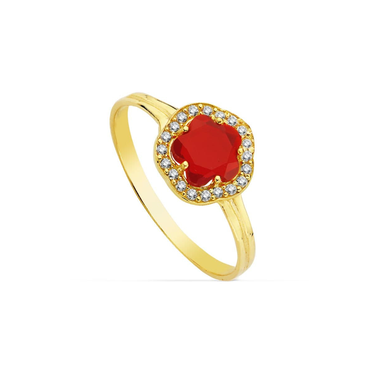 9K SORTIJA ORO AMARILLO CON ESTRELLA Y CIRCONITA ROJA. ANCHO: 9 MM