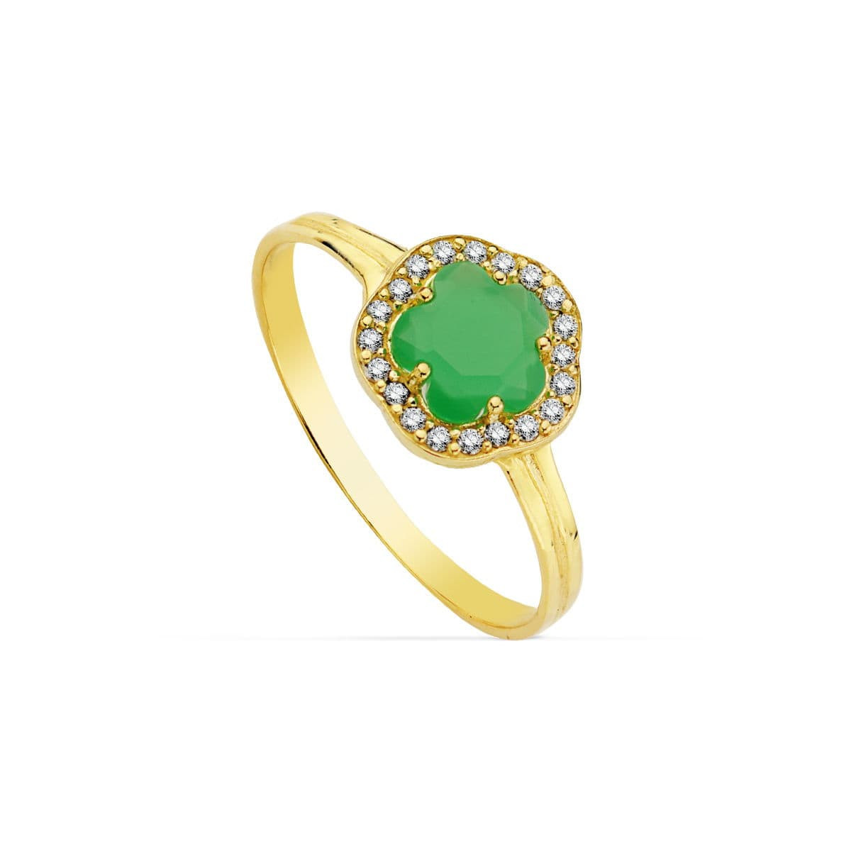 9K SORTIJA ORO AMARILLO CON ESTRELLA Y CIRCONITA VERDE. ANCHO: 9 MM