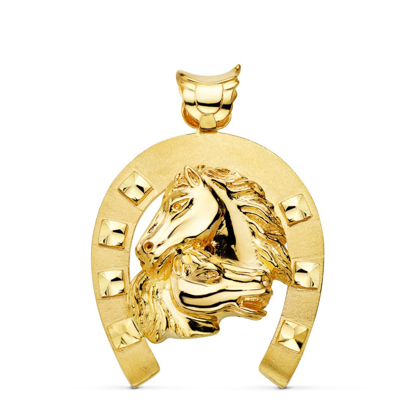 18K COLGANTE ORO AMARILLO HERRADURA CON CABALLOS 50X44 MM