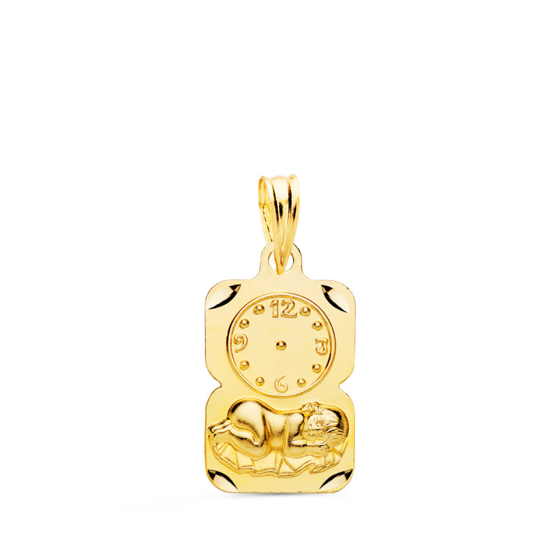 9K MEDALLA ORO AMARILLO RECTANGULO NIÑO DE LA HORA CON RELOJ TALLADA 19X11 MM