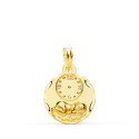 9k MEDALLA ORO AMARILLO REDONDA NIÑO DE LA HORA CON RELOJ TALLADA 15 MM