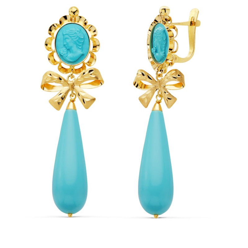 18K PENDIENTES CUBANAS ORO AMARILLO CAMAFEO LAZO TURQUESA 62X18 MM CIERRE CATALAN