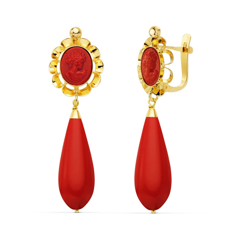 18K PENDIENTES CUBANAS ORO AMARILLO TURQUESA CORALINA 47X14 MM CIERRE CATALÁN