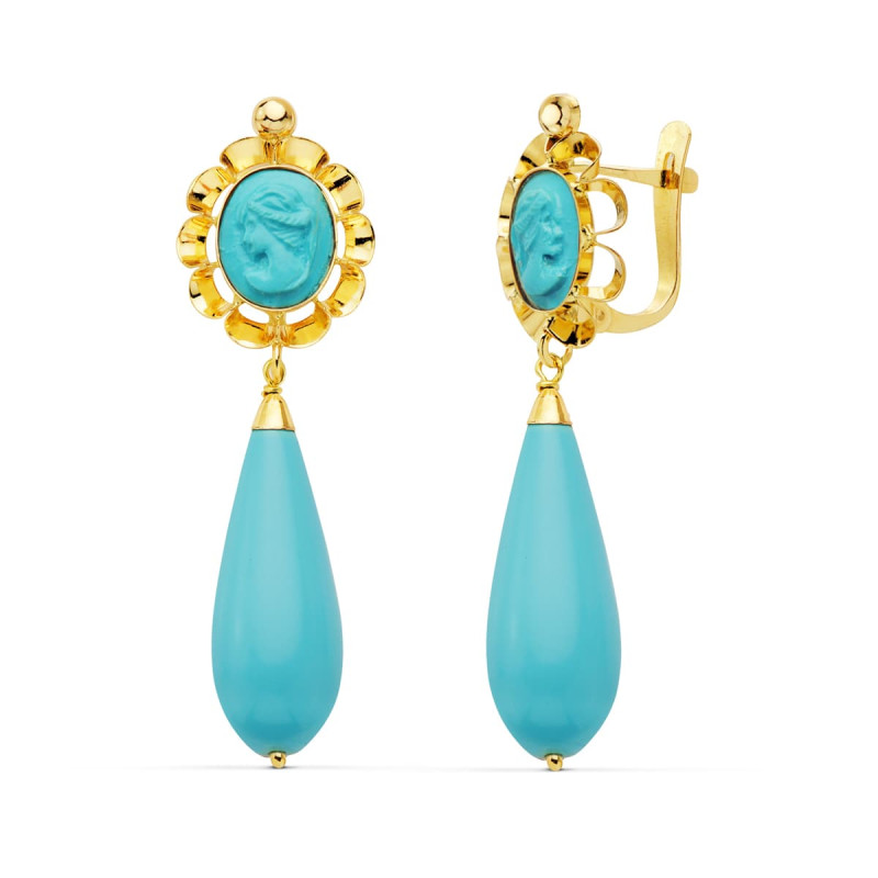 18K PENDIENTES CUBANAS ORO AMARILLO  TURQUESA CAMAFEO 47X14 MM CEIRRE CATALÁN