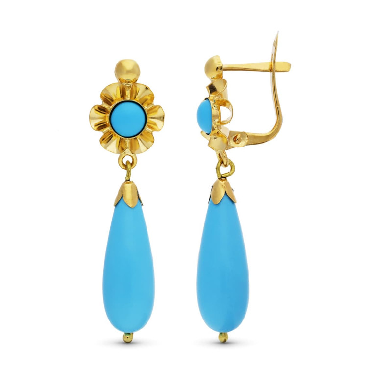 18K PENDIENTES ORO AMARILLO CUBANAS LAGRIMA TURQUESA CIERRE CATALAN