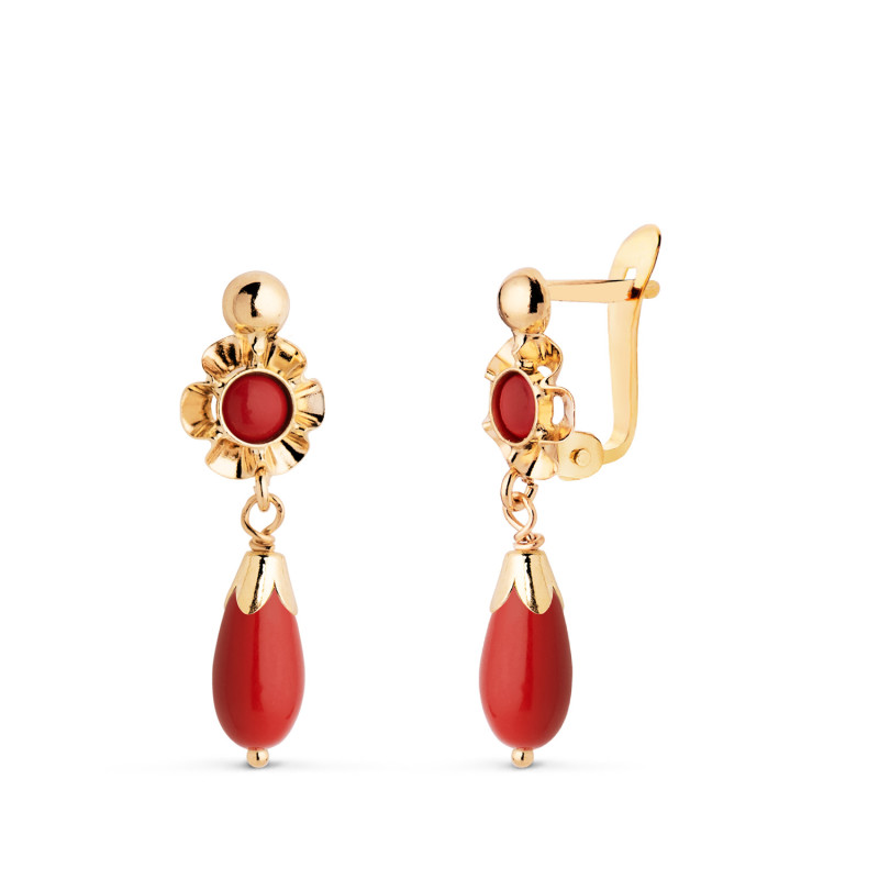 18K PENDIENTES ORO AMARILLO CUBANAS  LAGRIMA CORALINA. MEDIDA: 22X7 MM. CIERRE CATALAN