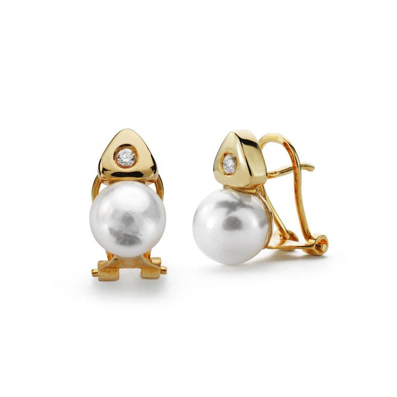18K PENDIENTES ORO AMARILLO PERLA CULTIVADA 7 MM CIRCONITA CIERRE OMEGA