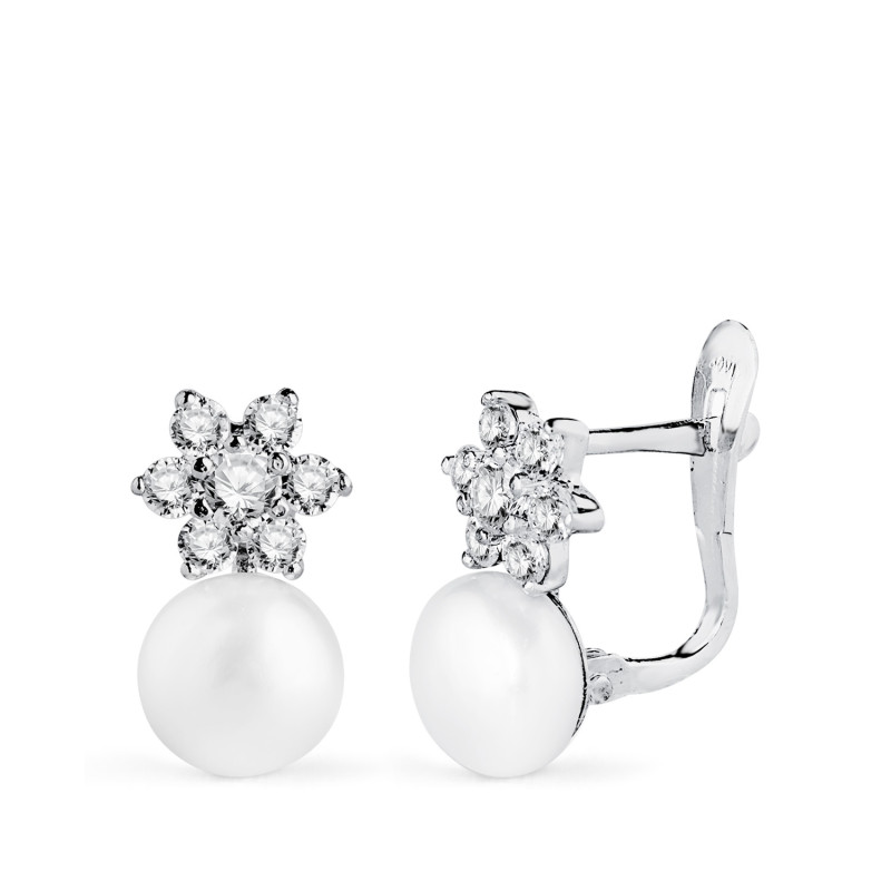 18K PENDIENTES ORO BLANCO PERLAS Y CUAJO CON CIRCONITAS. MEDIDA: 12X7 MM. CIERRE CATALAN