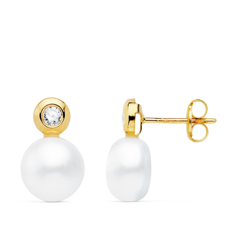 18K PENDIENTES ORO AMARILLO PERLA Y CHATON. 13X8 MM CIERRE PRESION