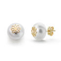 18K PENDIENTES ORO AMARILLO PERLA FLOR 9 MM CIERRE PRESION