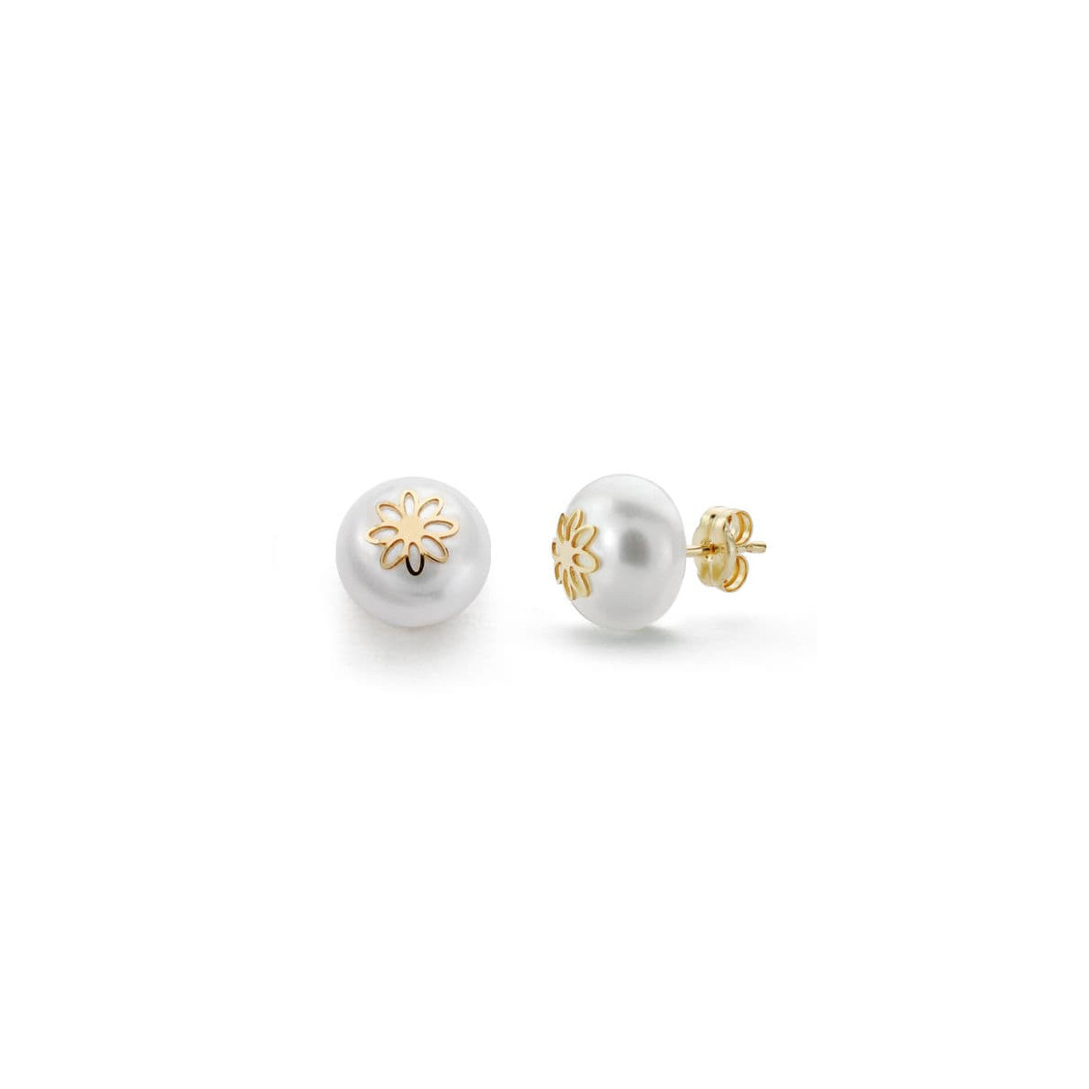 18K PENDIENTES ORO AMARILLO PERLA FLOR 9 MM CIERRE PRESION