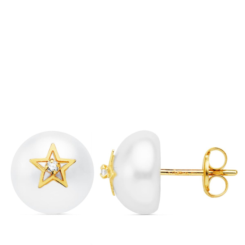 18K PENDIENTES ORO AMARILLO MEDIA PERLA 9 MM Y ESTRELLA CIERRE PRESION