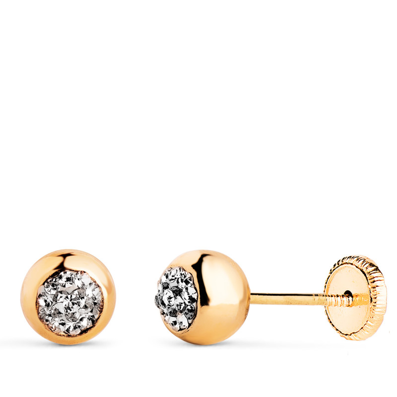 18K PENDIENTES ORO AMARILLO BOLA EN BRILLO CON CIRCONITAS. MEDIDA: 6MM. CIERRE TUERCA