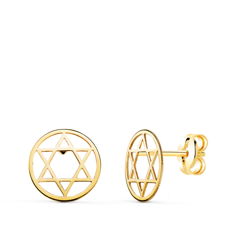 18K PENDIENTES ORO AMARILLO REDONDOS ESTRELLA DE DAVID BRILLO 8 MM. CIERRE PRESION