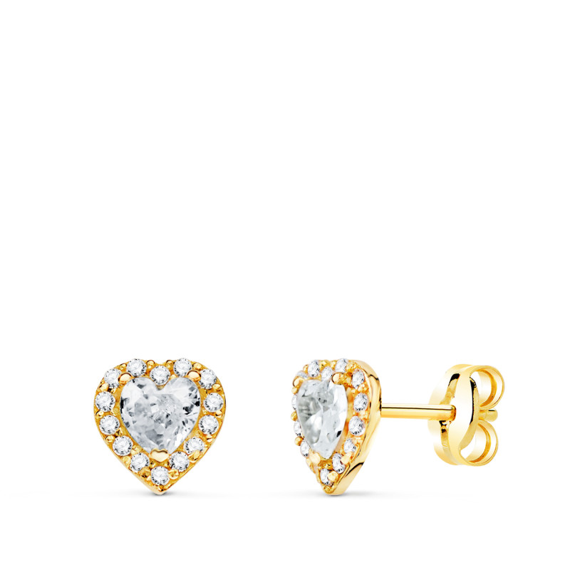 18K PENDIENTES ORO AMARILLO CORAZON CIRCONITA BLANCAS 6,5 X 6,5 MM. CIERRE PRESION