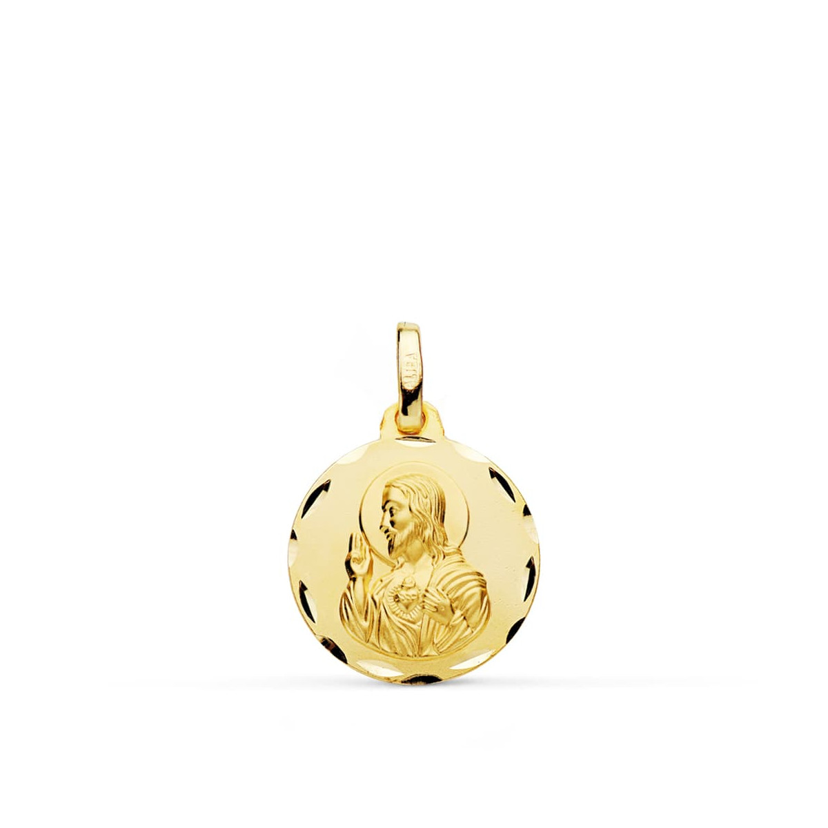 18K MEDALLA ORO AMARILLO CRISTO SAGRADO CORAZON DE JESUS TALLADA 16 MM