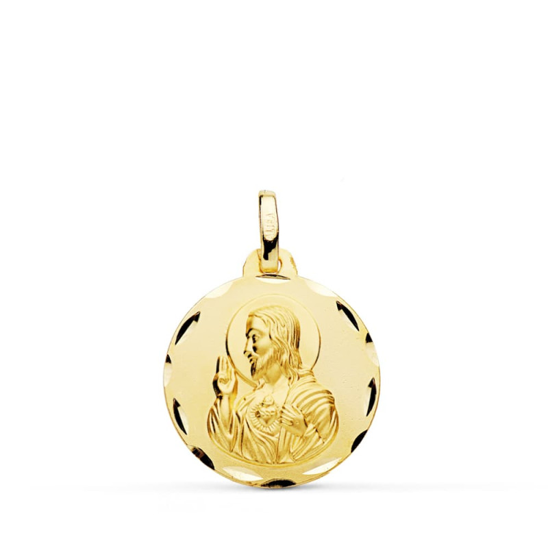 18K MEDALLA ORO AMARILLO CRISTO SAGRADO CORAZON DE JESUS TALLADA 18 MM