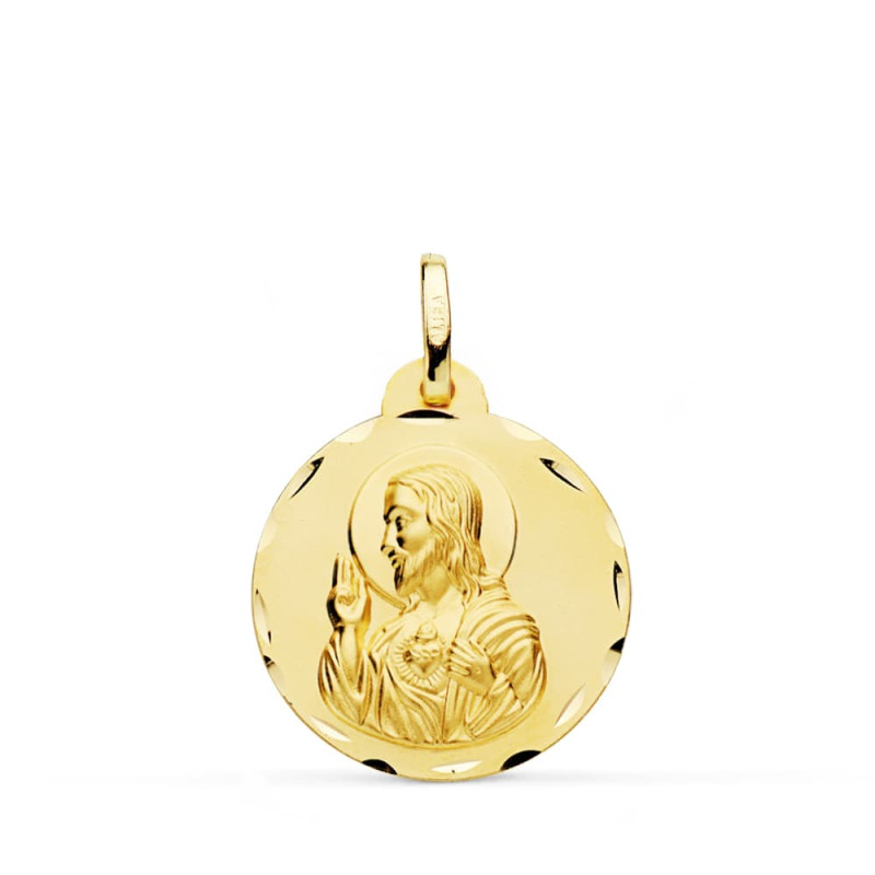 18K MEDALLA ORO AMARILLO CRISTO SAGRADO CORAZON DE JESUS TALLADA 20 MM