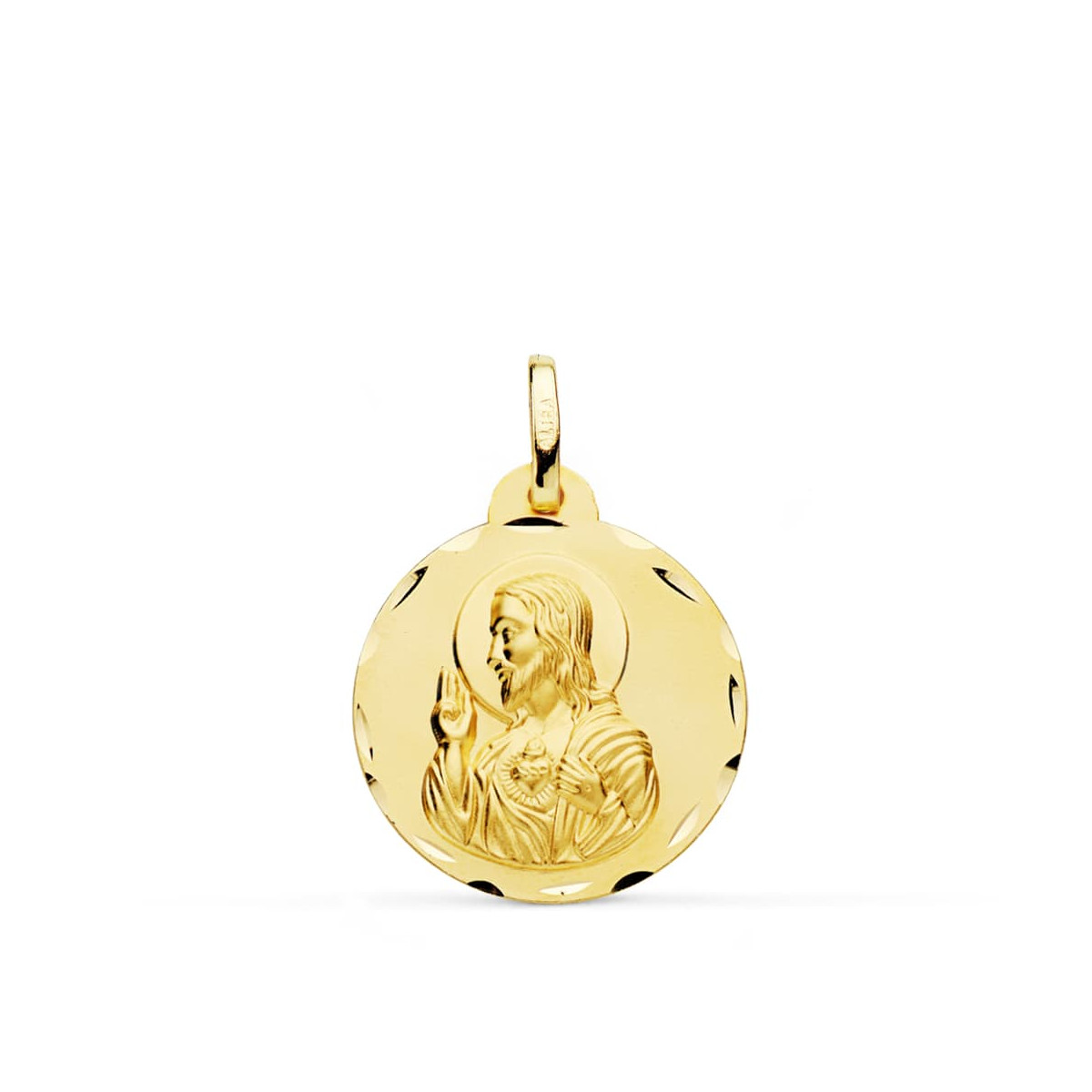 18K MEDALLA ORO AMARILLO CRISTO SAGRADO CORAZON DE JESUS TALLADA 20 MM