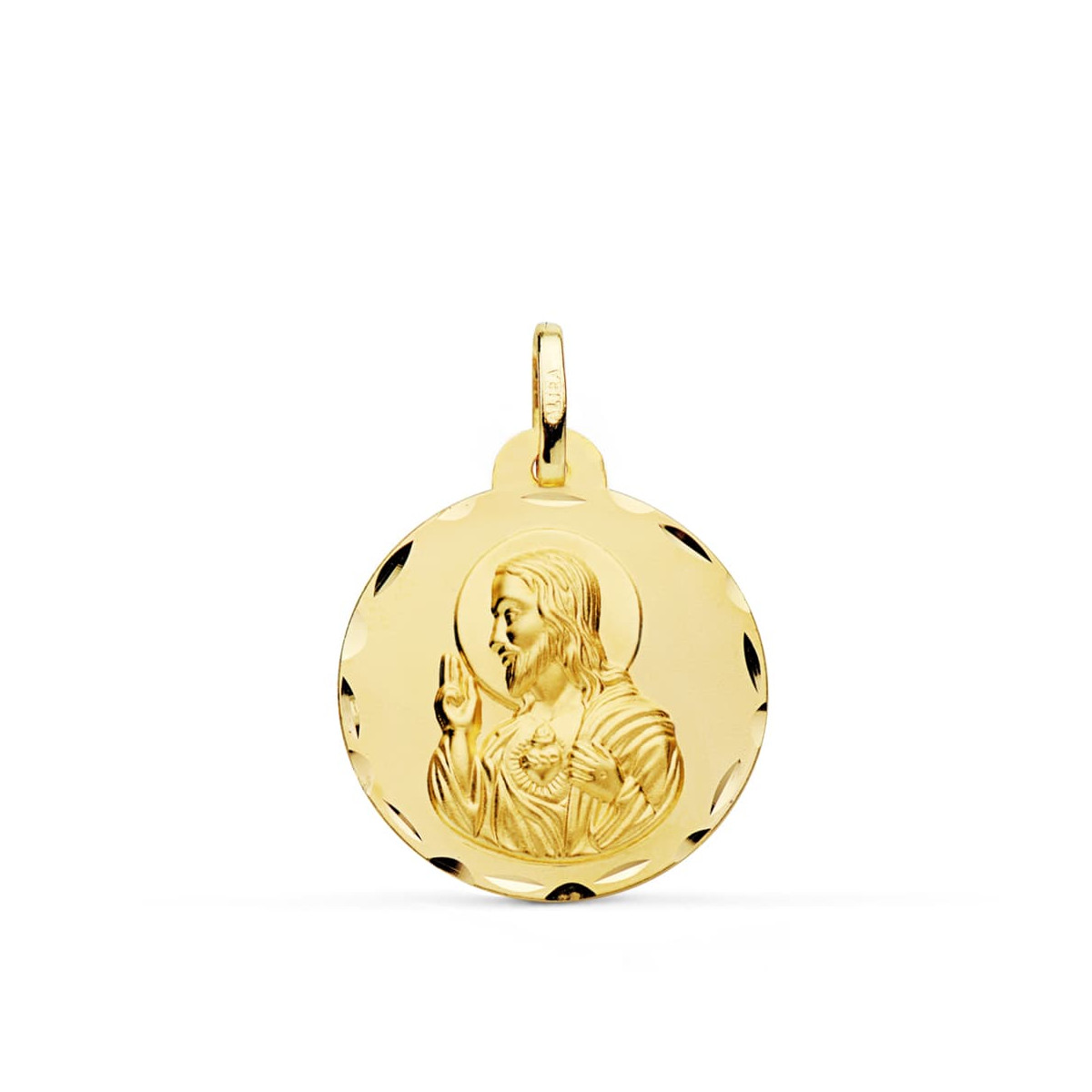 18K MEDALLA ORO AMARILLO CRISTO SAGRADO CORAZON DE JESUS TALLADA 22 MM
