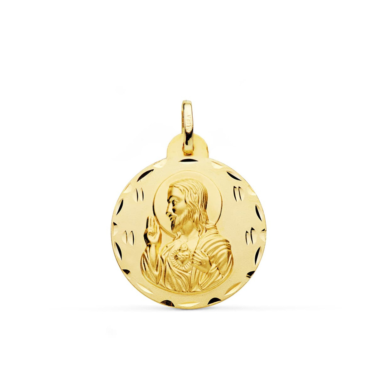 18K MEDALLA ORO AMARILLO CRISTO SAGRADO CORAZON DE JESUS TALLADA 24 MM