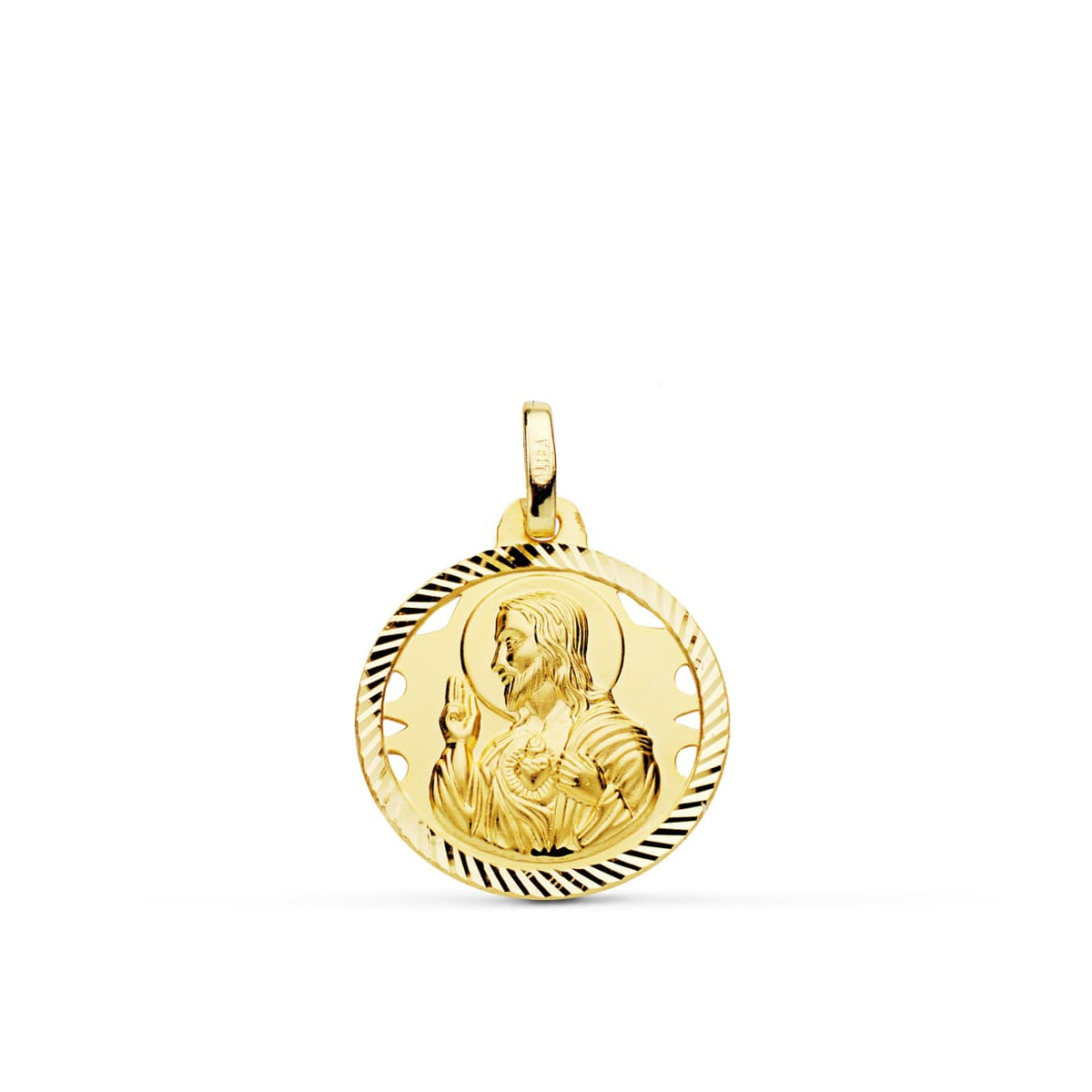 18K MEDALLA ORO AMARILLO CRISTO SAGRADO CORAZON DE JESUS HELICE CALADO 18 MM