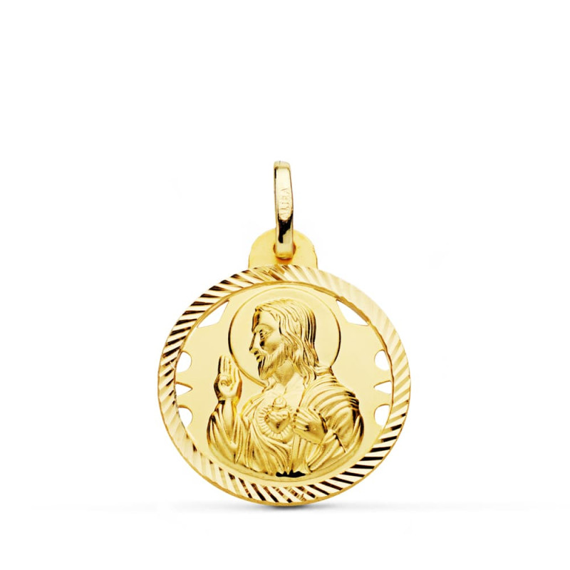 18K MEDALLA ORO AMARILLO CRISTO SAGRADO CORAZON DE JESUS HELICE CALADA 20 MM