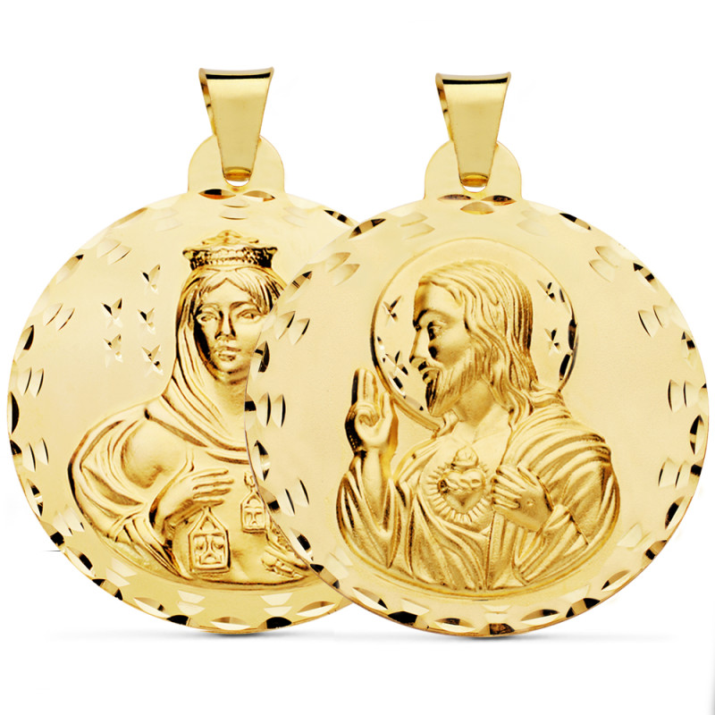 18K ESCAPULARIO ORO AMARILLO TALLADO VIRGEN DEL CARMEN Y CORAZON DE JESUS 42 MM