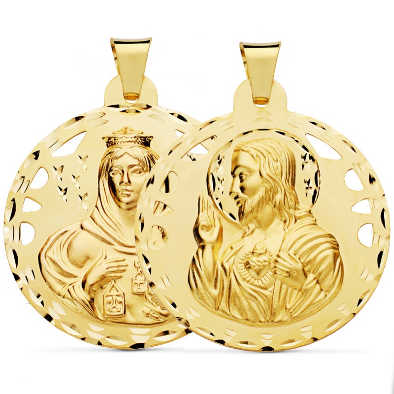 18K ESCAPULARIO ORO AMARILLO CALADO TALLADO ORO AMARILLO VIRGEN CARMEN Y CORAZON DE JESUS 42 MM