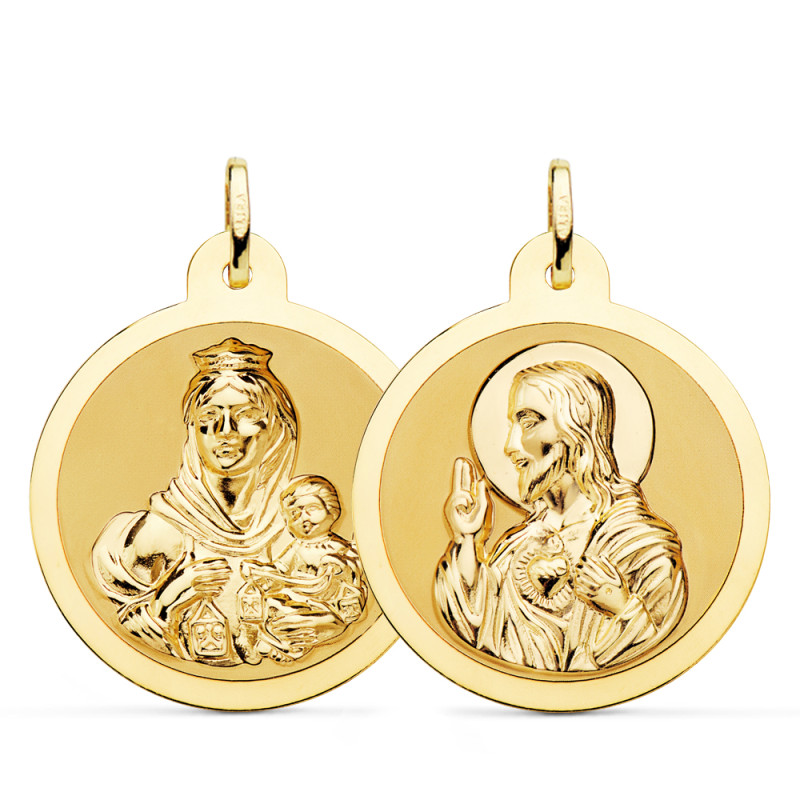 18K ESCAPULARIO ORO AMARILLO ORO AMARILLO BRILLO VIRGEN DEL CARMEN Y CORAZON DE JESUS 28 MM