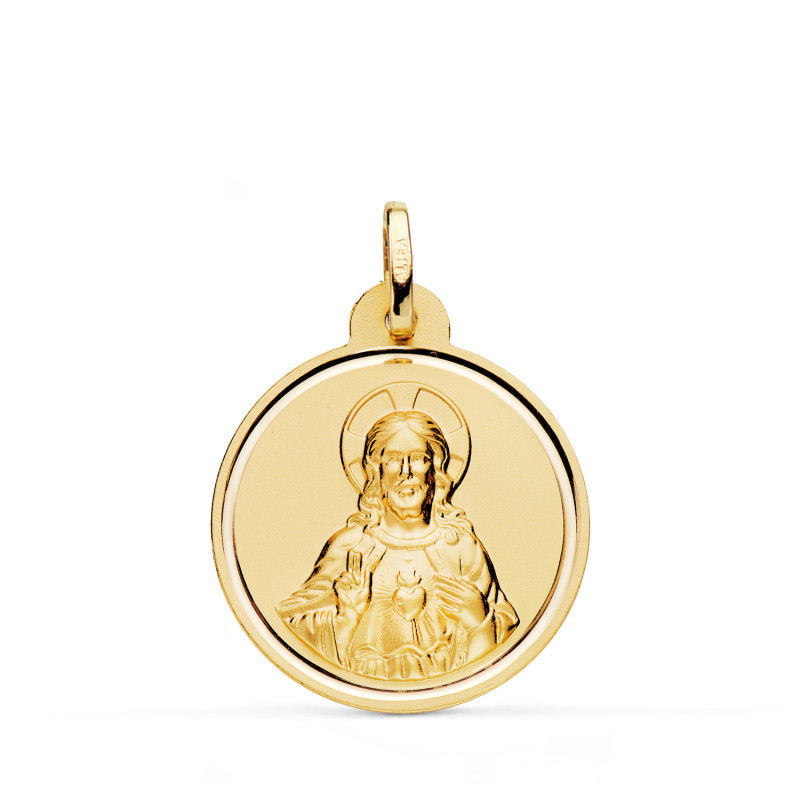 18K MEDALLA ORO AMARILLO CRISTO SAGRADO CORAZON DE JESUS BISEL 22 MM