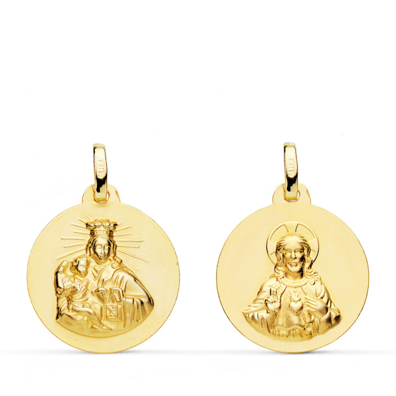 18K ESCAPULARIO ORO AMARILLO VIRGEN DEL CARMEN Y CORAZON DE JESUS LISO 18 MM