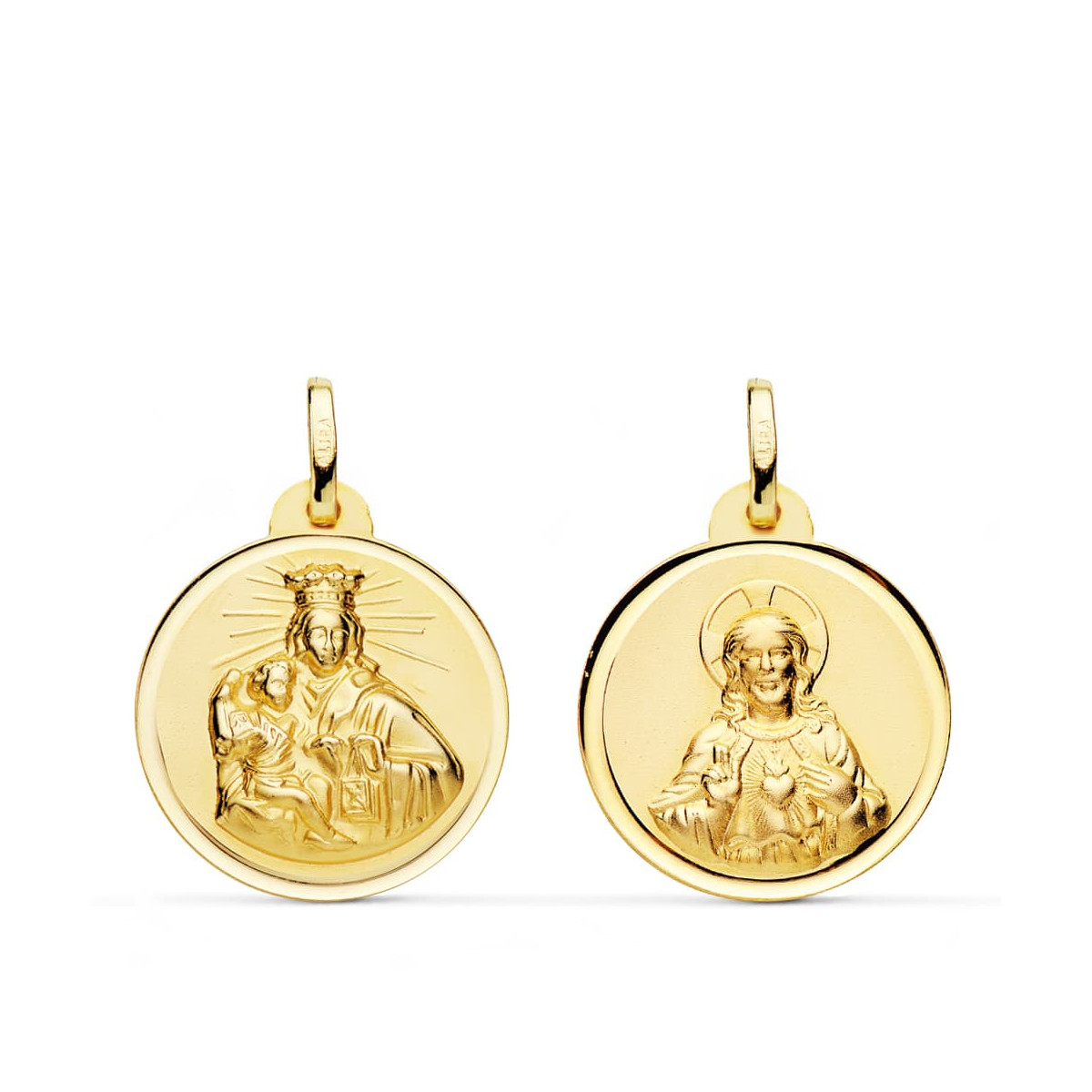 18K ESCAPULARIO ORO AMARILLO VIRGEN DEL CARMEN CORAZON JESUS BISEL 20 MM