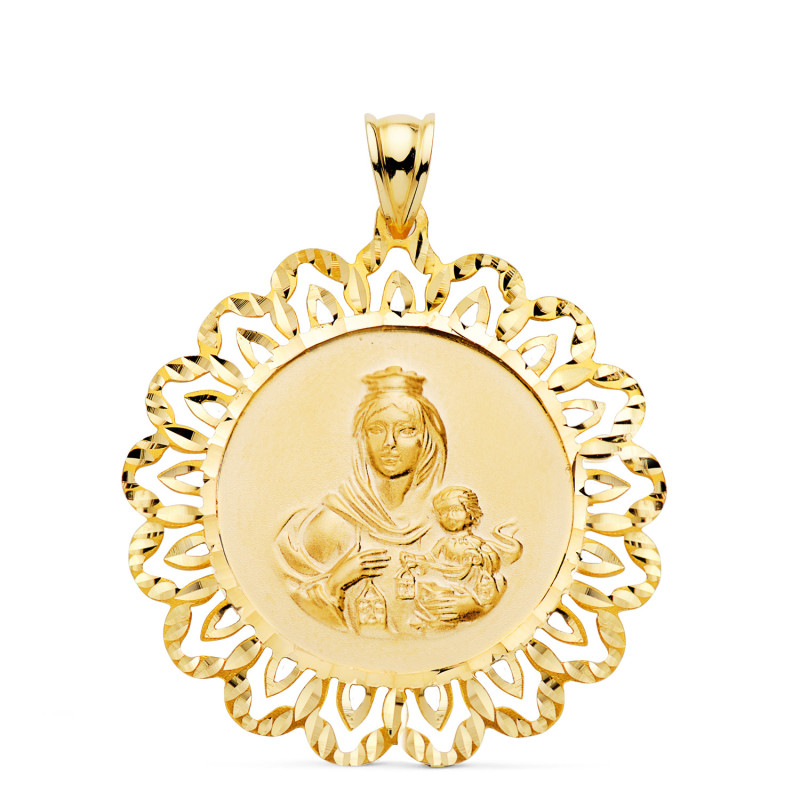 18K MEDALLA ORO AMARILLO VIRGEN DEL CARMEN CERCO TALLADO 34X34 MM