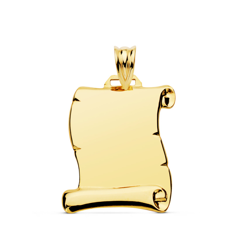 18K PLACA CHAPA COLGANTE PERGAMINO ORO AMARILLO LISO BRILLO 22X19 MM