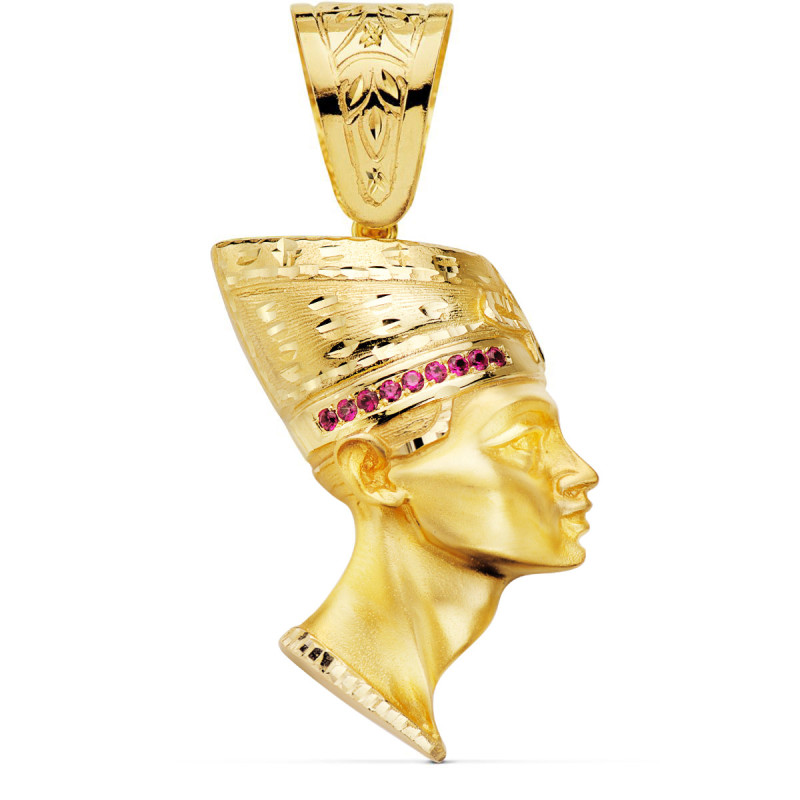 18K COLGANTE EGIPCIO ESFINGE NEFERTITI GIGANTE CON CIRCONITA ROJAS ORO AMARILLO. 50 X 35 MM