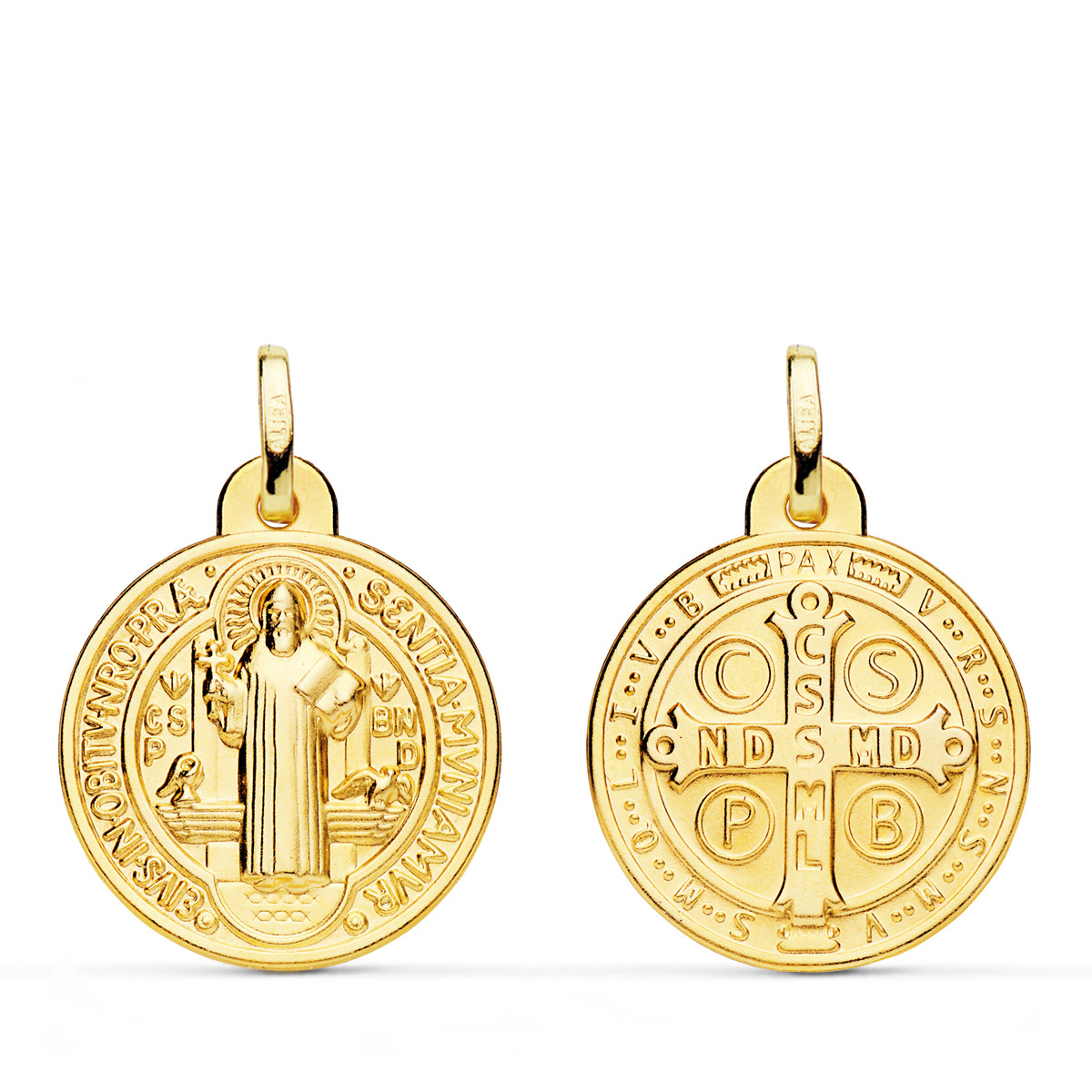 18K MEDALLA ESCAPULARIO ORO AMARILLO SAN BENITO MONJE 20 MM MATIZADA