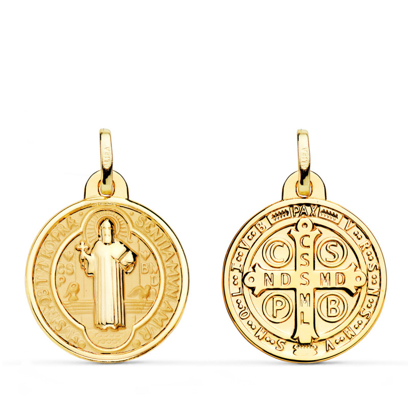 18K MEDALLA  ESCAPULARIO SAN BENITO MONJE BRILLO Y FONDO MATIZADO 24 MM ESPALDA EN BRILLO