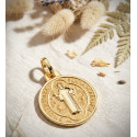 18K MEDALLA  ESCAPULARIO SAN BENITO MONJE BRILLO Y FONDO MATIZADO 24 MM ESPALDA EN BRILLO