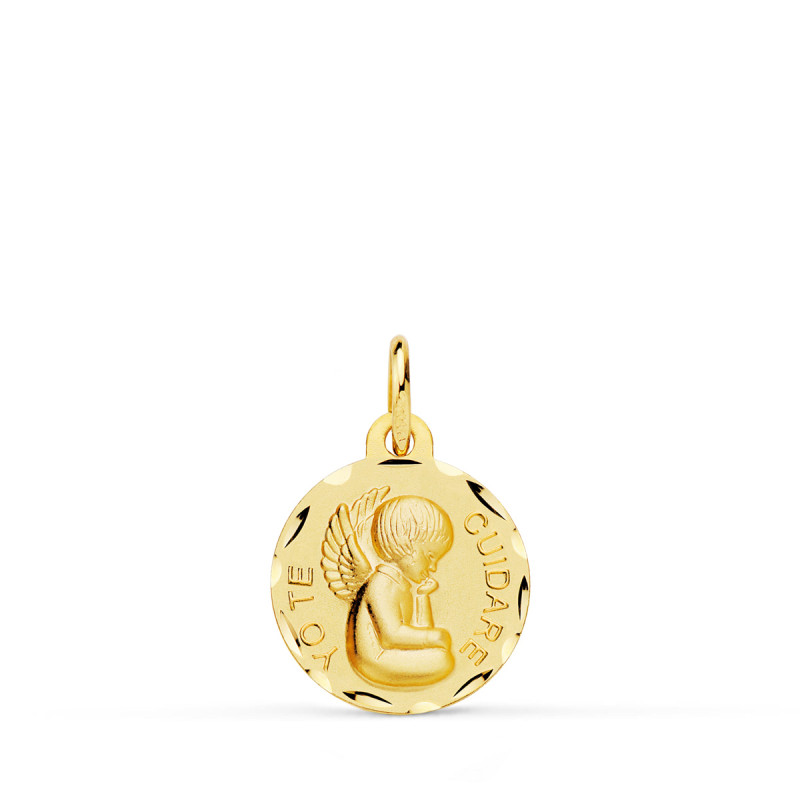 18K MEDALLA ORO AMARILLO ANGELITO "YO TE CUIDARE" TALLADA. MEDIDA: 14 MM
