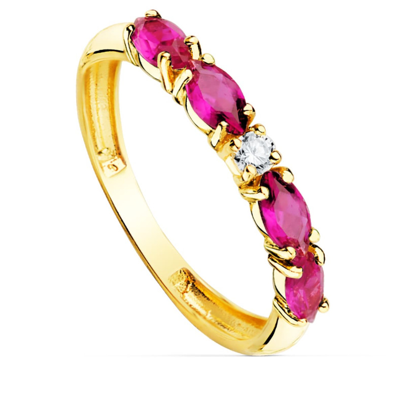 18K SORTIJA ORO AMARILLO 4 CIRCONITA ROJAS TALLA MARQUISE ANCHO 2.5 MM