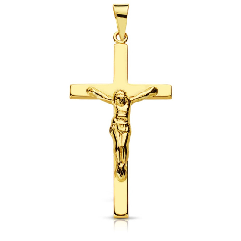 9K CRUZ ORO AMARILLO CON CRISTO PALO PLANO. 29X17 MM