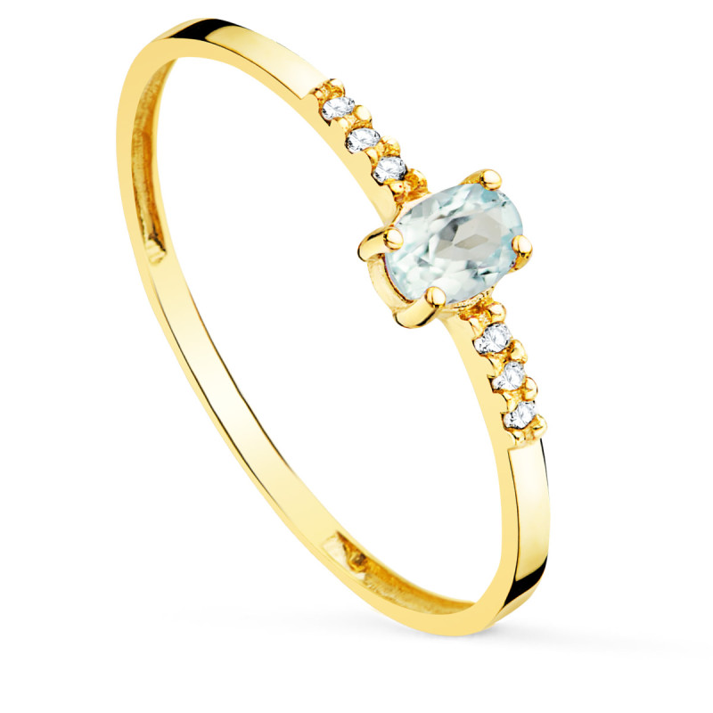 18K SORTIJA ORO AMARILLO DIAMANTES DE LABORATORIO 0,030 QT  OVAL AGUAMARINA NATURAL 4X3 MM CUERPO 1,30 MM VS2-G