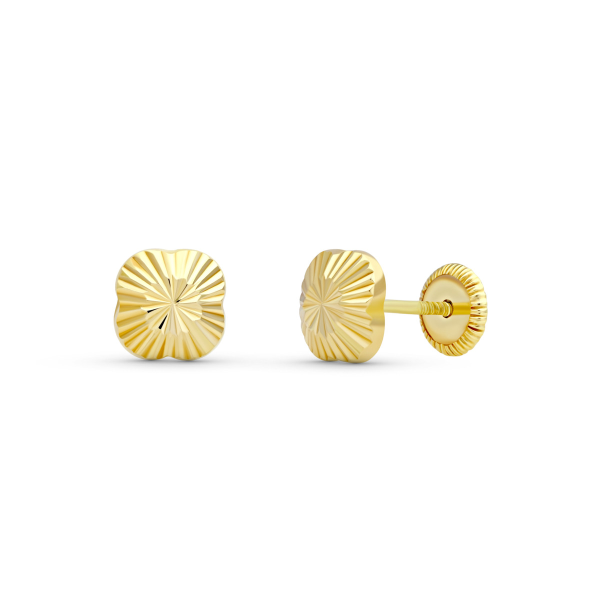 18K PENDIENTES ORO AMARILLO FLOR TALLADAS. 6X6 MM CIERRE TUERCA