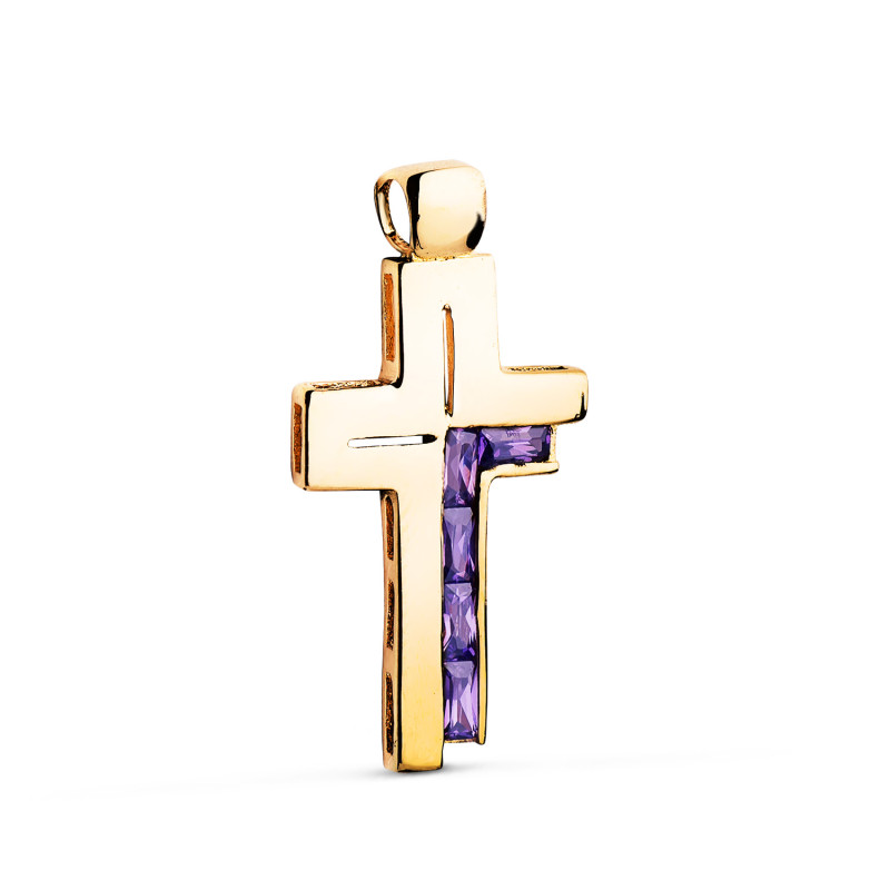 18K CRUZ ORO AMARILLO PIEDRAS BAGUETTE CIRCONITAS COLOR AMATISTA. 31 X 15 MM