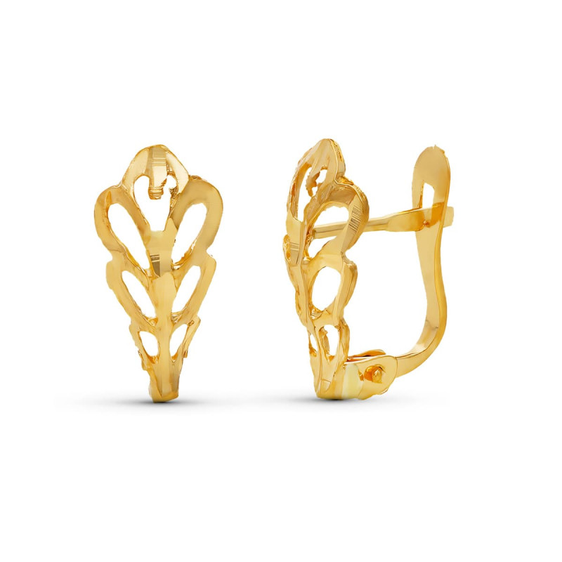 18K PENDIENTES ORO AMARILLO HOJA TALLADA 14X6 MM CIERRE CATALAN