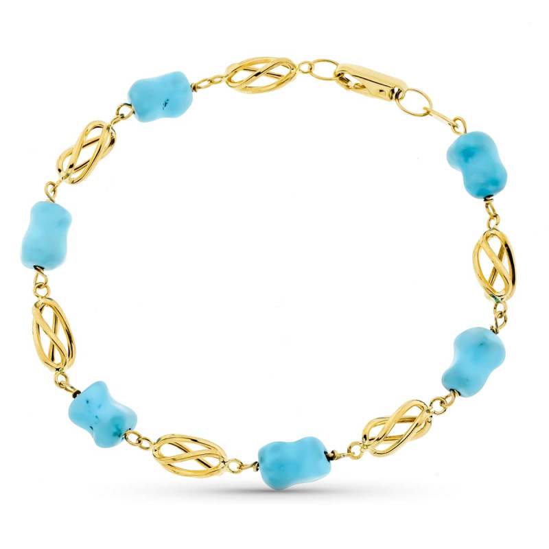 18K PULSERA ORO AMARILLO JAULA Y TURQUESA 20CM