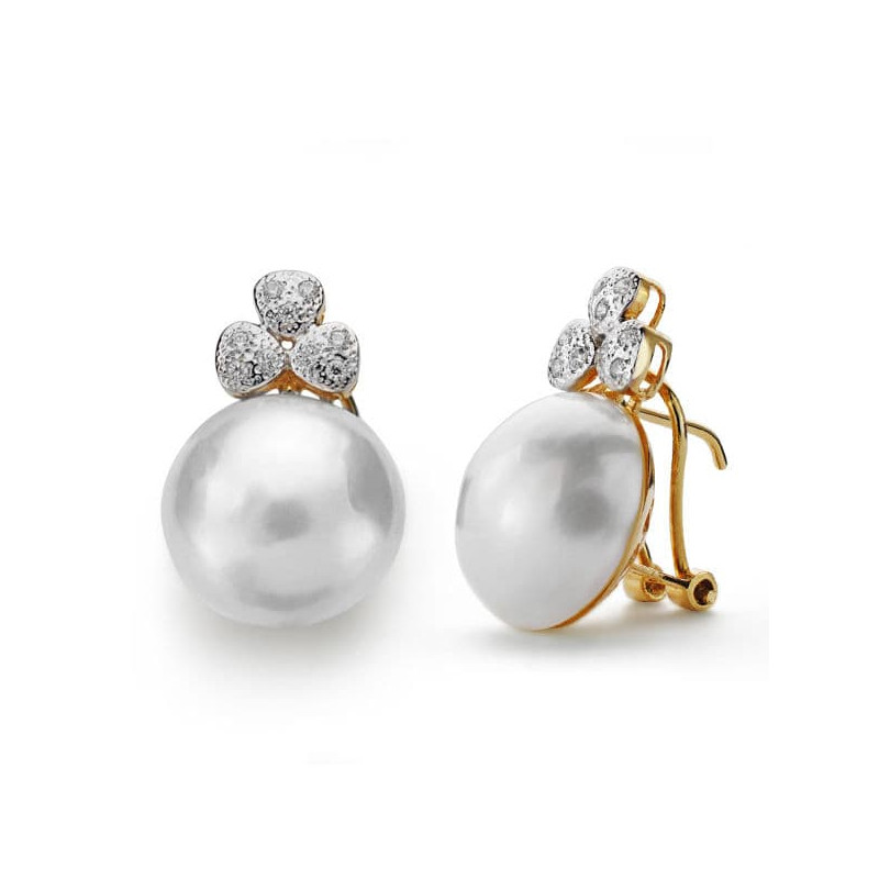 18K PENDIENTES ORO AMARILLO PERLA JAPONESA 14 MM CIERRE OMEGA