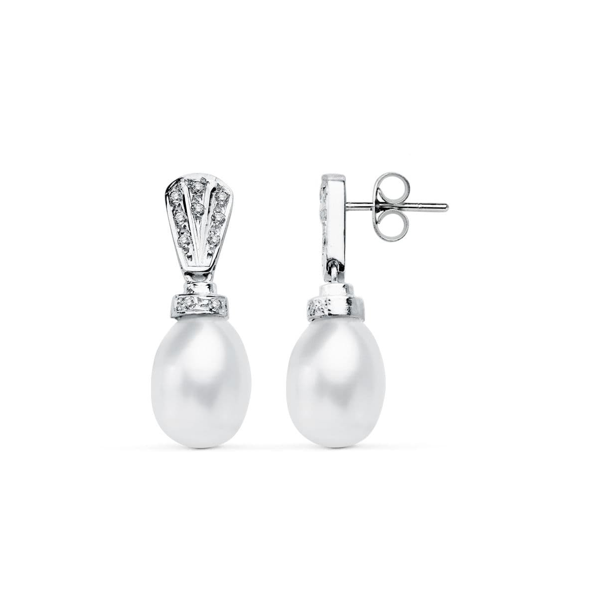 18K PENDIENTES ORO BLANCO PERLA 26X9 MM CIERRE PRESION