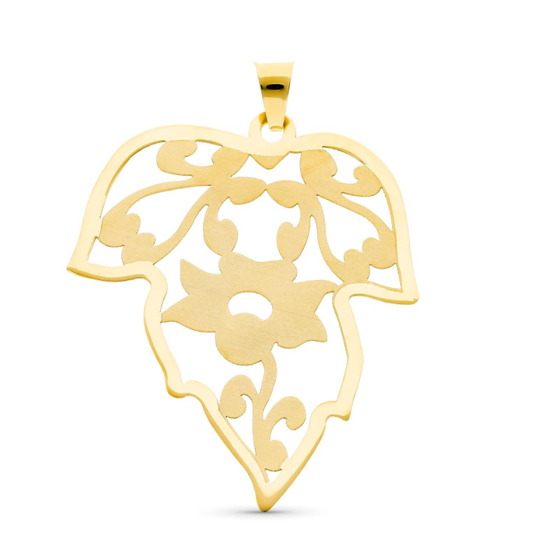 18K COLGANTE ORO AMARILLO HOJA CALADA MATE Y BRILLO